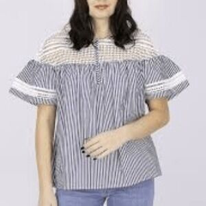 Scotch & Soda Maison Scotch Striped Lace Yoke Ruffle Sleeve Blouse Navy White S
